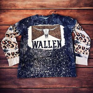 Morgan Wallen Cheetah Acid Wash Long Sleeve Top Womens Large Tee Shirt Cow Skull